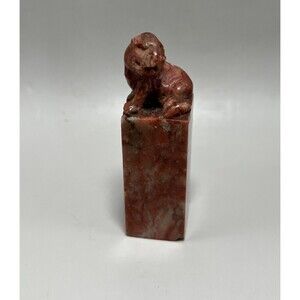 Vintage Chinese Soapstone Seal Stamp Carved Foo Dog Shishi Lion Red Sculpture